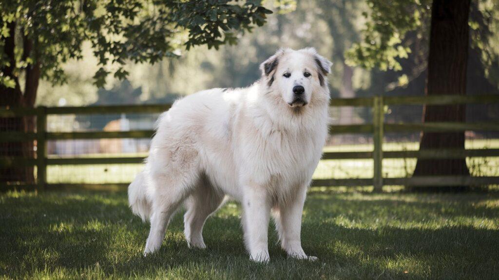 A large white Great Pyrenees dog standing alert in a spacious fenced backyard