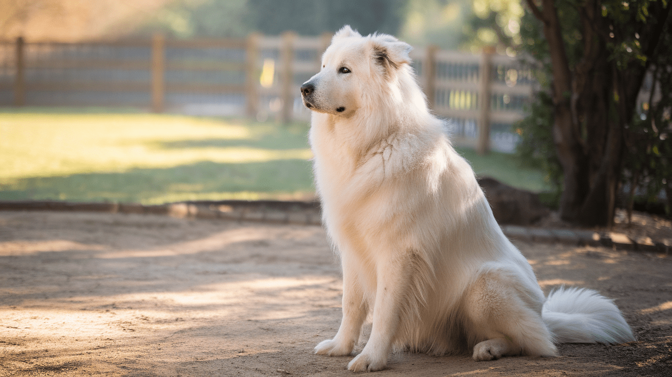 Great Pyrenees Training - White Great Pyrenees dog displaying alert guardian behavior in backyard setting