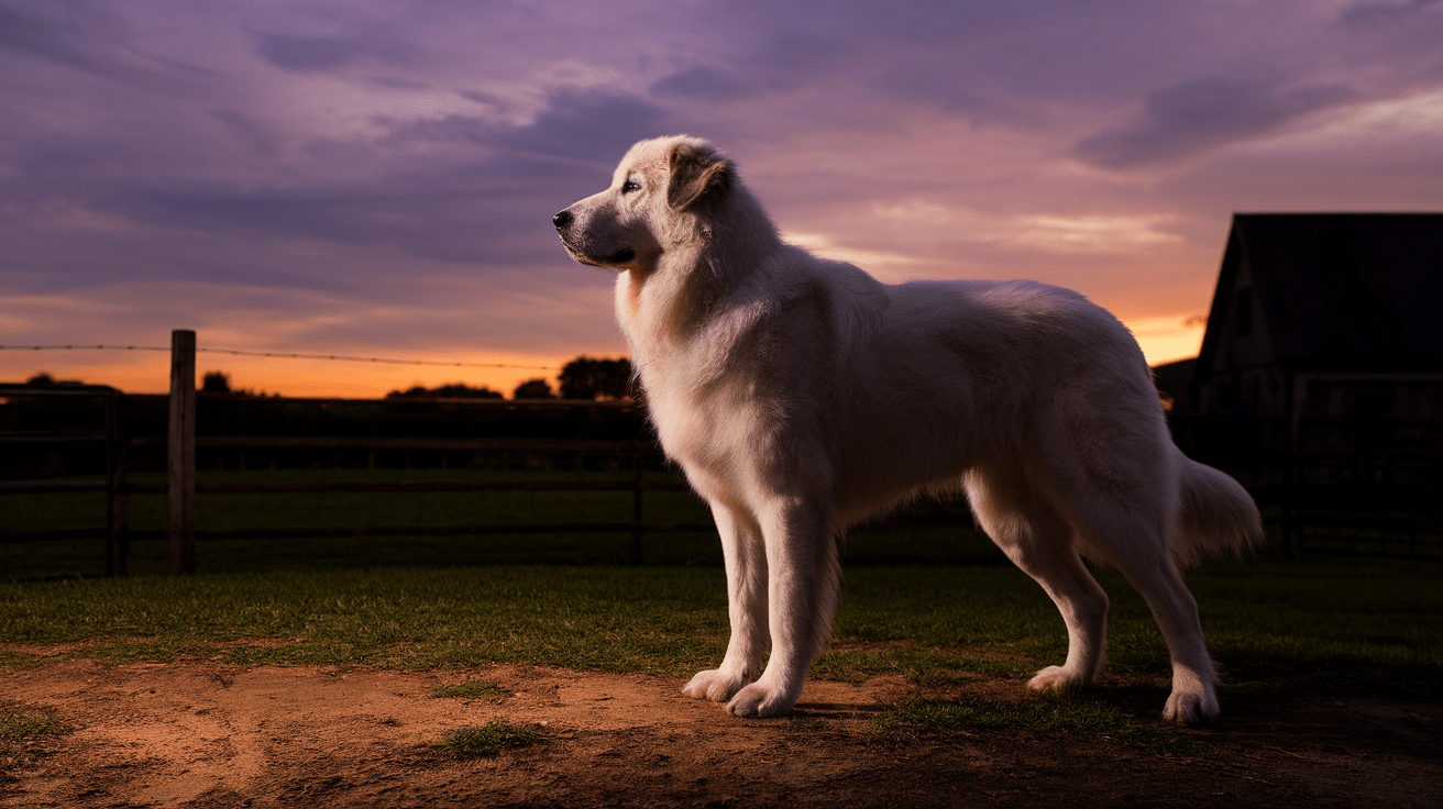 Great Pyrenees dog standing guard on a hill at dusk, overlooking a farm property