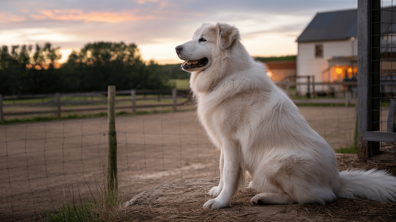 Great Pyrenees dog in guard position overlooking a rural property at sunset