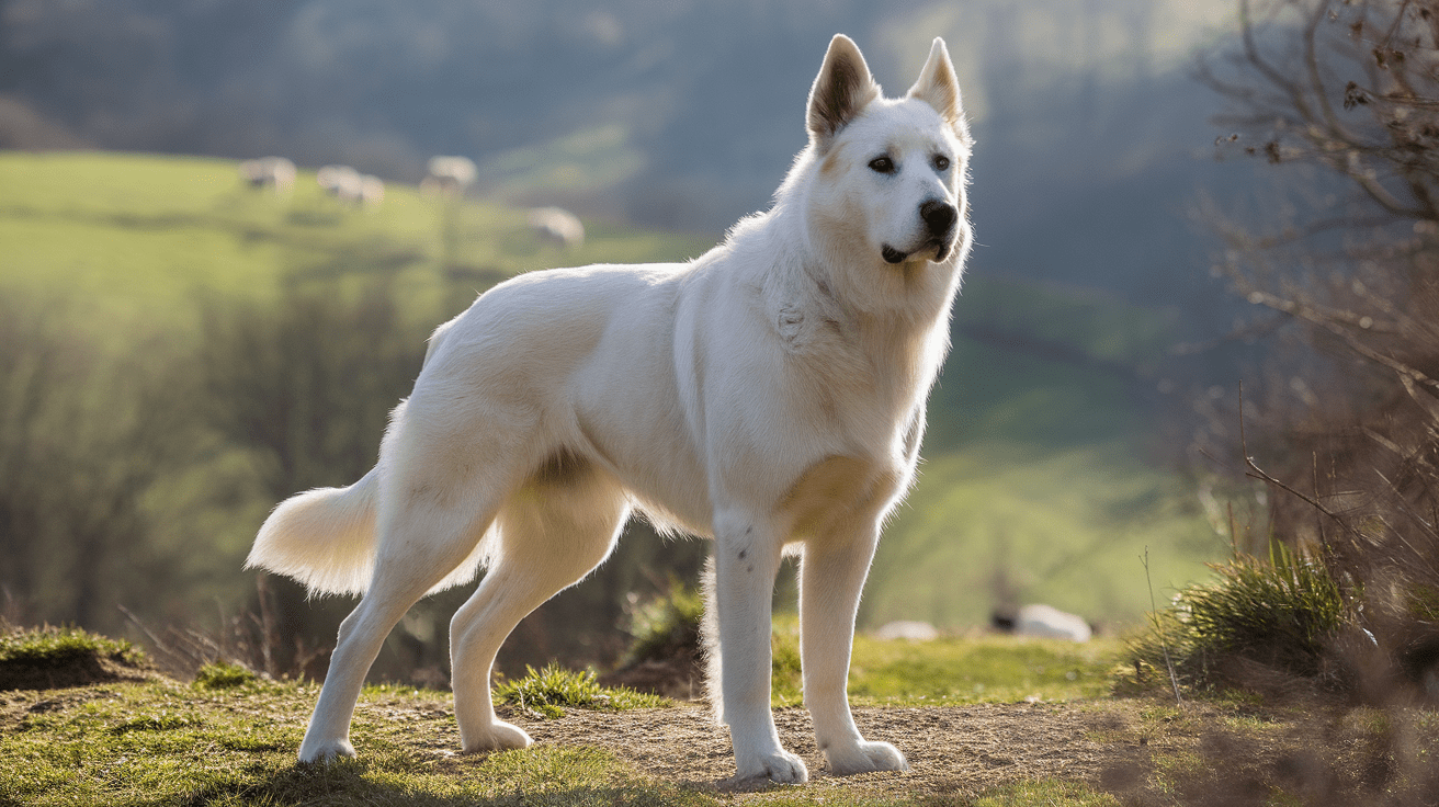 A large white Great Pyrenees dog standing guard on a hilltop overlooking a pastoral landscape