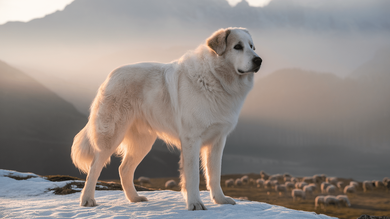 Great Pyrenees Guard Dog standing watch over mountain valley with grazing sheep at sunrise