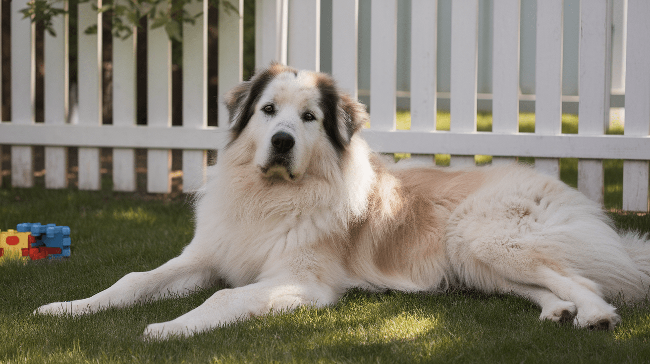 Great Pyrenees dog relaxing in backyard with groomed white coat