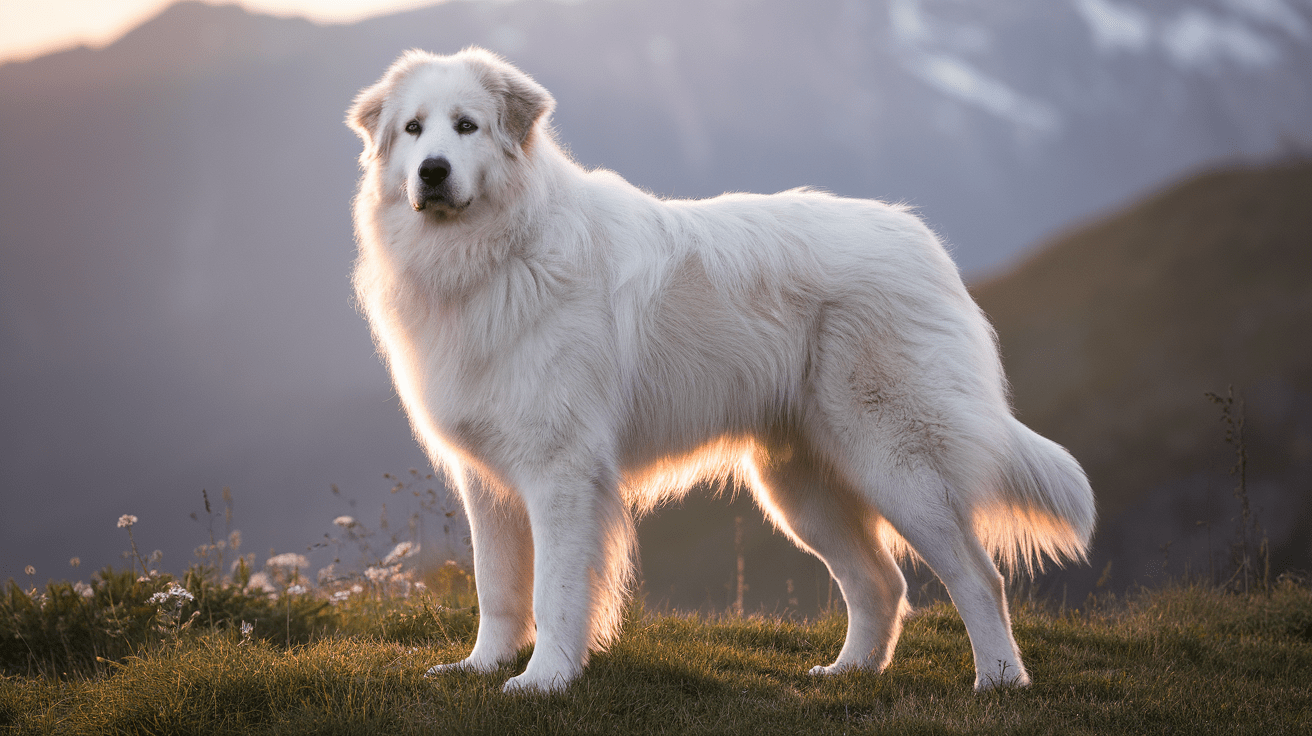 Great Pyrenees dog standing majestically on a hilltop with mountains in background