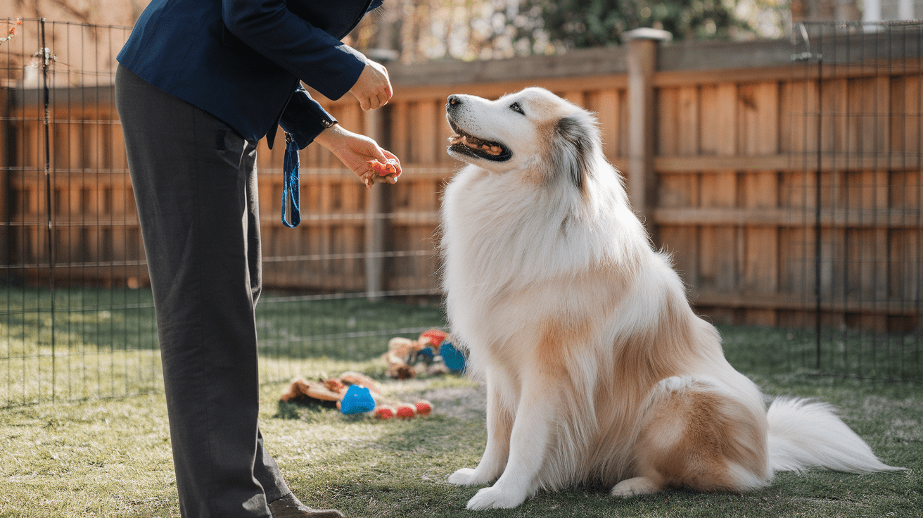 Professional dog trainer working with a Great Pyrenees on basic obedience in a backyard setting