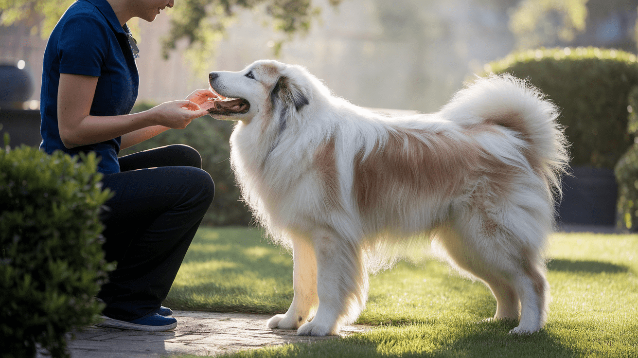 Person training a Great Pyrenees dog using positive reinforcement in a backyard setting