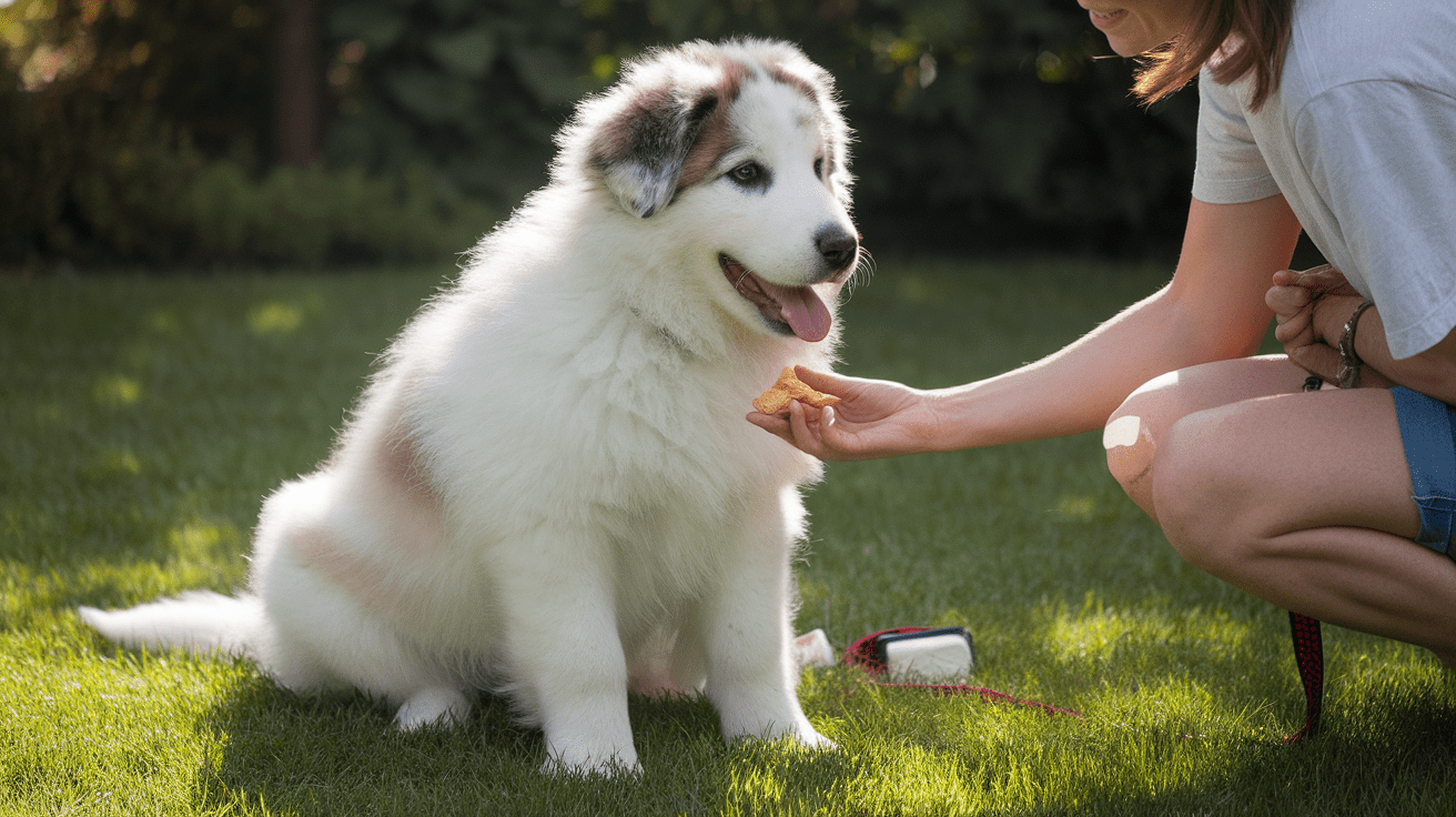 Great Pyrenees puppy learning basic obedience with a trainer in an outdoor setting