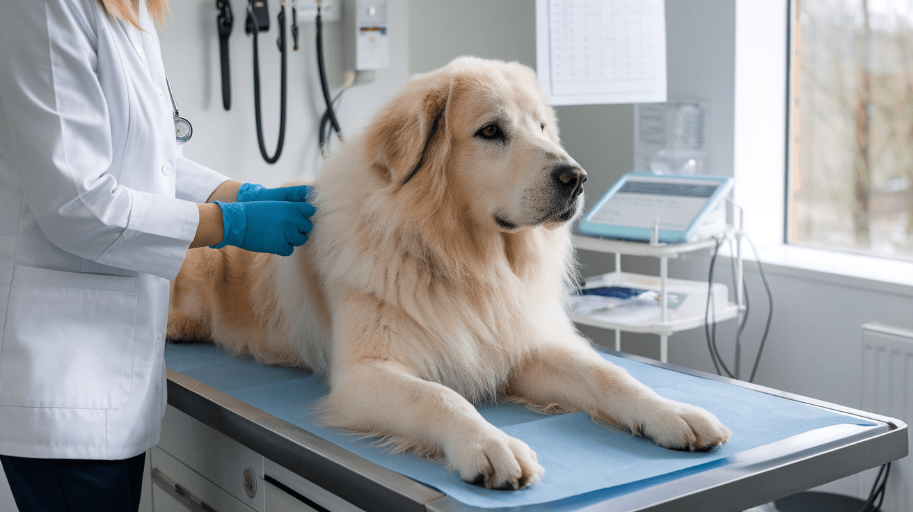 Veterinarian examining a Great Pyrenees dog during a health check-up