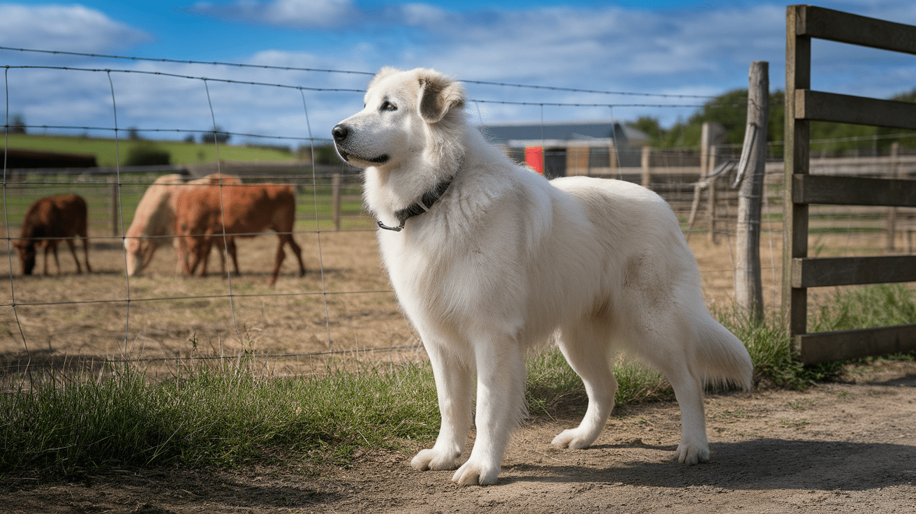 Great Pyrenees working dog standing alert near a livestock fence on a farm