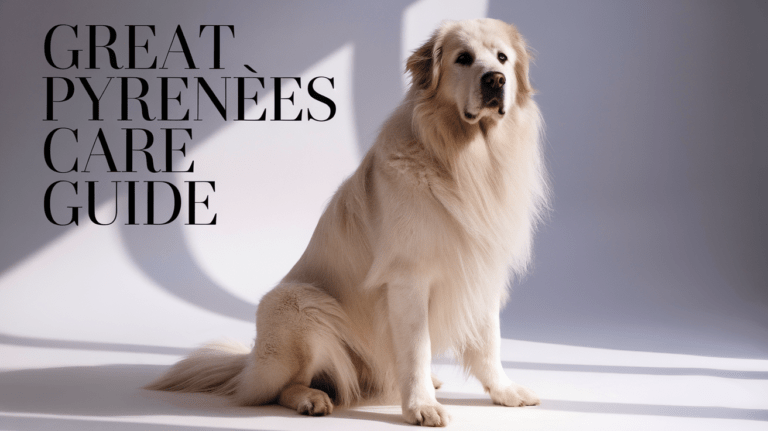 Great Pyrenees dog with care guide text overlay against mountain background