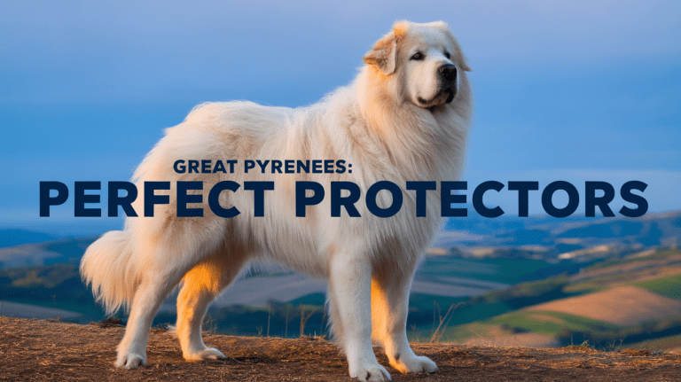 White Great Pyrenees guard dog standing alert on hilltop with text overlay