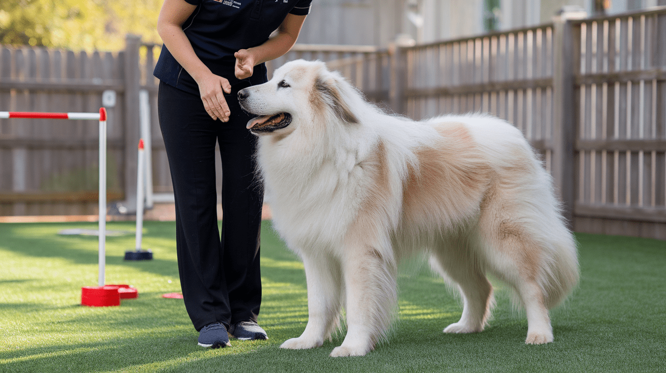 Dog trainer working with a Great Pyrenees on advanced training techniques in a backyard